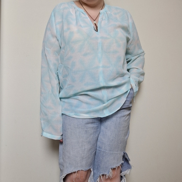 Two by Vince Camuto V-neck Sheer Blue Blouse - Picture 1 of 7